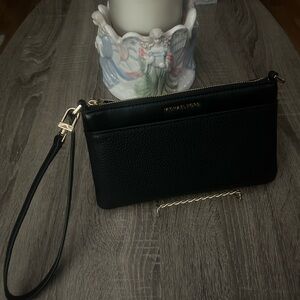 Michael Kors Black Leather Wristlet Shoulder Bag with Gold Accents